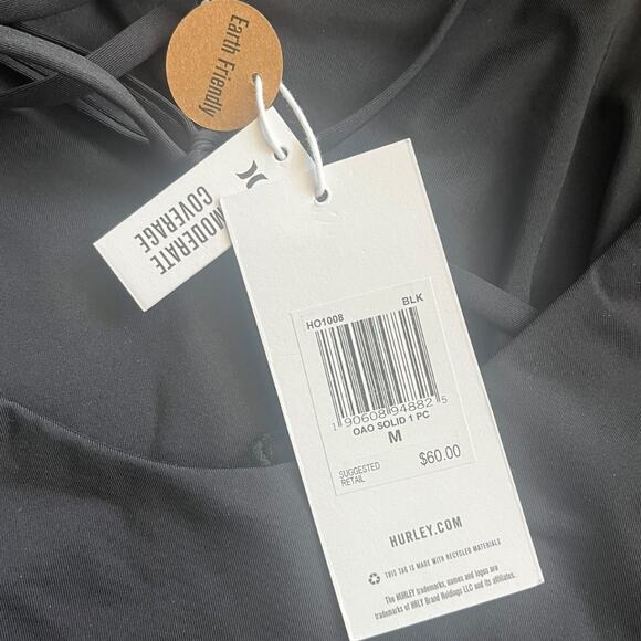 Hurley Black Solid One-Piece Swimsuit lace up open back white logo Medium NWT - Picture 8 of 8